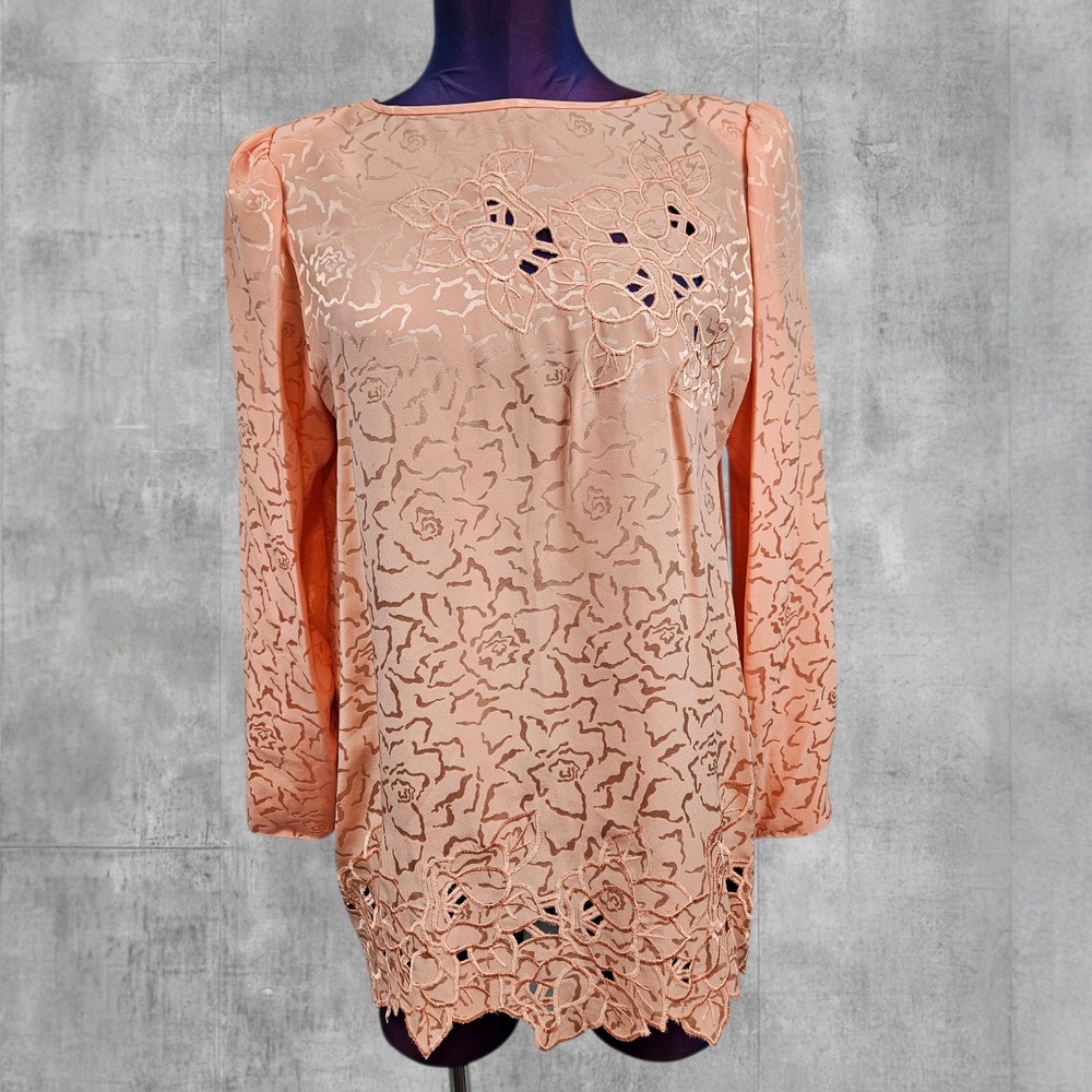 Vintage UMI Collections Anne Crimmins Peach Floral Jacquard Cutout Blouse 10 U47